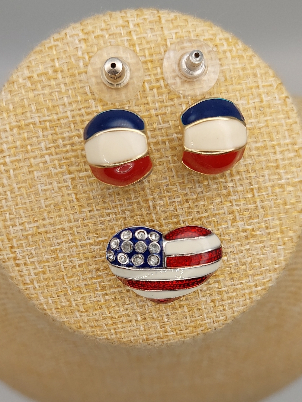 Patriotic Heart & Round Stud Earrings + Heart Brooch- Red White Blue